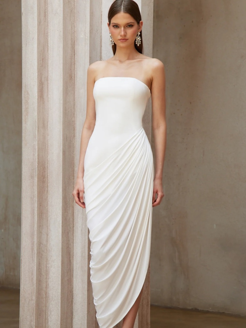 Strapless Asymmetrical White Midi Dress with Draped Side
